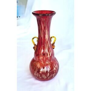 Murano Style Vintage Red Glass Vase Jug with Gold Glitter Design 10in Tall